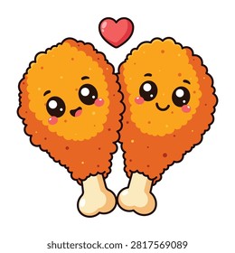 Cute Fried Chicken Drumstick Couple with Heart Cartoon Illustration