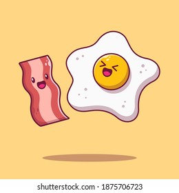 Cute fried egg and bacon mascot. Cute character, kawaii, smile, and happy. Food icon concept illustration. Flat cartoon vector illustration isolated.