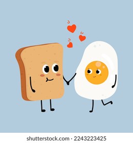 Cute fried egg and bread falling in love. Love and Valentine's Day concept. Illustration isolated on blue background.