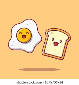 Cute fried egg and bread mascot. Cute character, kawaii, smile, and happy. Food icon concept illustration. Flat cartoon vector illustration isolated.