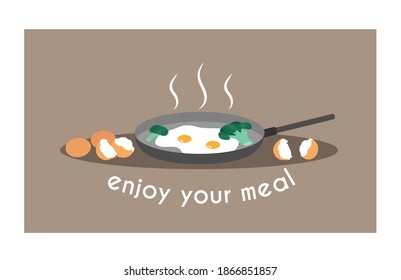 Cute fried egg with broccoli on a pan, broken egg. Food, Breakfast cartoon concept. Flat vector illustration, isolated objects.