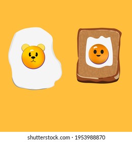 lindo huevo frito y lindo bollo de huevo con personaje de oso en yema de huevo. Ilustración vectorial.