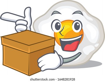 Cute fried egg cartoon character having a box