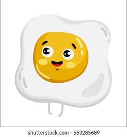Cute fried egg cartoon character isolated on white background vector illustration. Funny fast food menu emoticon face icon. Happy smile cartoon face food, comical scrambled egg animated mascot symbol