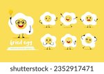 cute fried egg cartoon with many expressions. food different activity pose vector illustration flat design set.