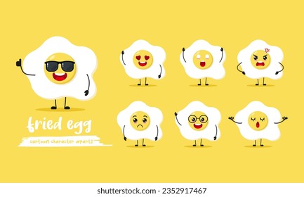 cute fried egg cartoon with many expressions. food different activity pose vector illustration flat design set with sunglasses.