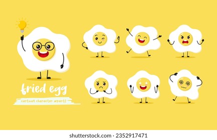 cute fried egg cartoon with many expressions. food different activity pose vector illustration flat design set.