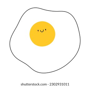 Cute fried egg character. Happy smiling yolk, funny doodle sticker, breakfast symbol, childish clip art element. Vector illustration isolated on white background