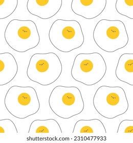 Frittiertes Ei-Zeichen nahtlos Muster. Fröhliches Lächeln, lustiges doodle Frühstück, kindisches Drucken. Vektorgrafik einzeln auf weißem Hintergrund