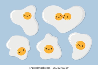 Cute fried egg characters set. Happy cartoon eggs in childish style. Healthy food icon. Vector illustration