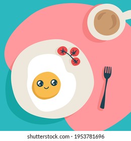 Cute fried egg with Cherry tomatoes. Kawaii breakfast. Funny character of fried egg with coffee. Vector illustration.