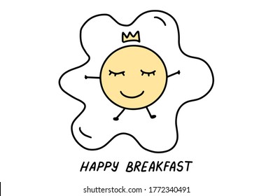 Cute Fried egg in Doodle style. Hand drawn lines cartoon scrambled egg. Concept of Breakfast food, omelet. Vector illustration.