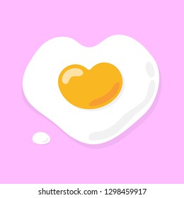 Cute fried egg heart shape food cartoon on pastel pink background. Valentines' day card telling love concept, vector illustration.