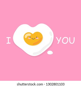 Cute fried egg heart shape cartoon on pastel pink background. Valentines' day card telling love word concept, vector illustration.