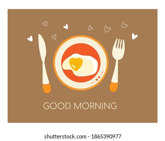 Cute fried egg, heart shape. Food, Breakfast cartoon concept. Flat vector illustration, isolated objects.