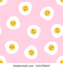 cute fried egg seamless pattern. Kawaii background. Breakfast cartoon character.