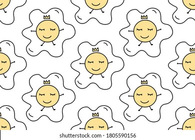 Cute fried egg seamless pattern in doodle style. Hand drawn lines cartoon scrambled egg. Concept of Breakfast food, omelet. Vector illustration for your fabric, textile , wrapping paper