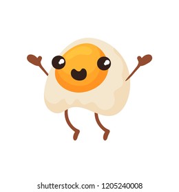 Cute fried egg with smiling face, funny fast food cartoon character vector Illustration on a white background