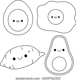 Cute Fried Egg, Sweet Potato, Avocado Cartoon Character Coloring Page Vector Illustration