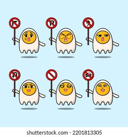 Cute fried eggs cartoon character holding traffic sign in modern 3d style design