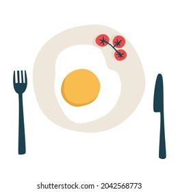 Huevos fritos con tomates de cereza. El concepto de desayuno. Huevo frito en un plato con tenedor y cuchillo. Ilustración vectorial. Aislado sobre un fondo blanco.