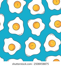 Cute fried eggs seamless pattern. Funny smiling cartoon eggs. Breakfast concept. Vector illustration