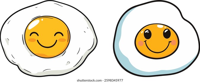 Cute Fried Eggs Vector Illustration, Isolated on White Background.