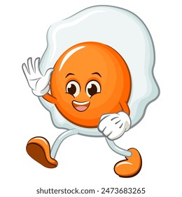 cute fried eggs vector mascot illustration cartoon character walking coolly by waving his hand, work of hand drawn