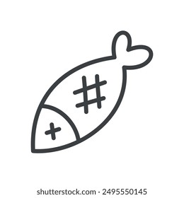 Cute fried fish icon. Hand drawn monochrome illustration of a grilled fish isolated on a white background. Kawaii sticker. Vector 10 EPS.