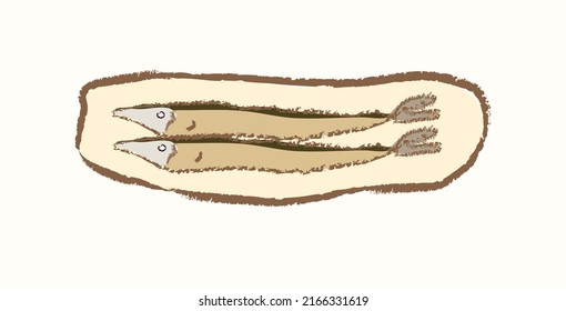 Cute fried pacific saury fish on a yellow plat in cartoonish vector flat illustration art design