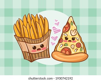 cute fried potato and pizza slices couple concept. cartoon