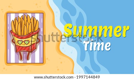 Cute fried potato sunbathing on the beach with a summer greeting banner