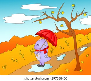 Cute friendly alien in rubber boots, scarf and with umbrella in the paws. Autumn Landscape, leaves fall from the trees, shrubs, pools, walking paths in the park. Vector illustration