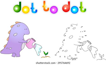 Cute and friendly alien watering plant on his planet. Connect dots and get image. Educational game for kids. Vector illustration