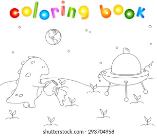 Cute and friendly alien watering the plants on his planet. Flying saucer is standing on the surface of Mars. Space landscape coloring book. Educational game for children. Vector illustration