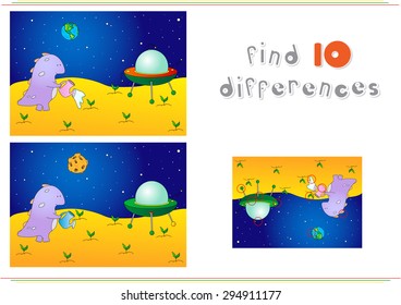 Cute and friendly alien watering the plants on his planet. Flying saucer is standing on the surface of Mars. Educational game for kids: find ten differences. Vector illustration