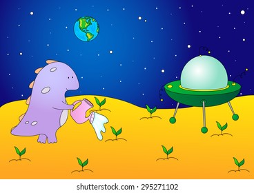 Cute and friendly alien watering the plants on his planet. Flying saucer is standing on the surface of Mars. Vector illustration
