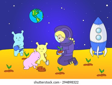 Cute and friendly aliens and astronaut watering the plants on the planet. Rocket is standing on the surface of Mars or moon. Space landscape