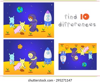 Cute and friendly aliens and astronaut watering plants on the planet. Rocket is standing on the surface of Mars. Space landscape. Educational game for kids: find ten differences. Vector illustration