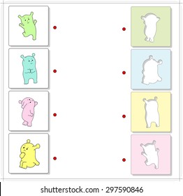 Cute friendly aliens. Educational game for kids. Choose the correct silhouettes on the opposite side and connect the points