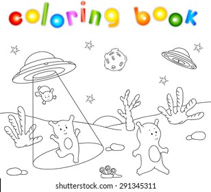 Cute friendly aliens land on the planet's surface from the spacecraft. Educational game for children. Coloring book about space. Vector illustration