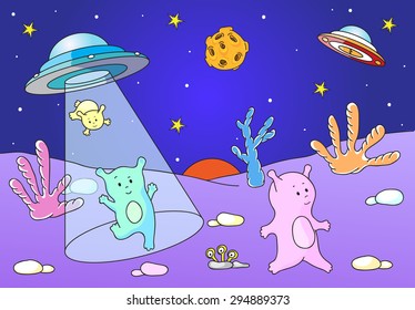 Cute friendly aliens land on the planet's surface from the spacecraft. Vector illustration