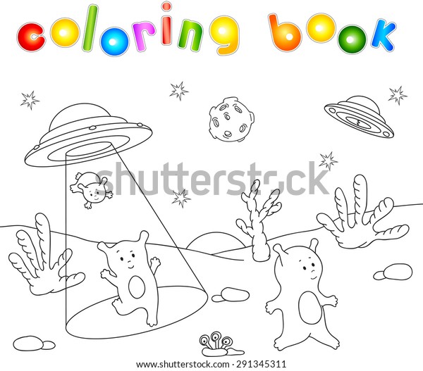 Cute friendly aliens land on the planet\'s\
surface from the spacecraft. Educational game for children.\
Coloring book about space. Vector\
illustration