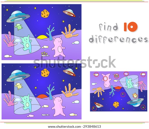 Cute friendly aliens\
land on the planet\'s surface from the spacecraft. Educational game\
for children. Vector illustration. Educational game for kids: find\
ten differences