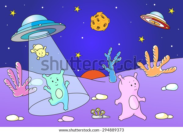 Cute friendly aliens land on the\
planet\'s surface from the spacecraft. Vector\
illustration