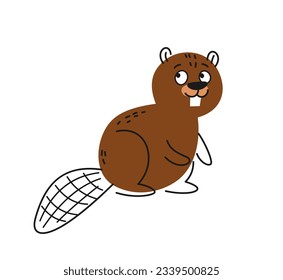Cute friendly animal. Funny brown beaver with tail in doodle style. Forest mammal character for fabric and wallpaper design. Cartoon flat vector illustration isolated on white background