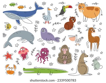 Cute friendly animal set. Outline mammals, marine and forest characters for design. Doodle with deer and beaver, whale and dolphin, toucan and pelican. Cartoon flat vector isolated on white background