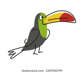 Cute friendly animal. Tropical bird with large beak in hand-drawn style. Doodle outline exotic toucan for wallpaper and textile design. Cartoon flat vector illustration isolated on white background