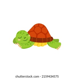 Cute friendly aquatic and terrestrial reptilian dreaming resting or sleeping. Vector adorable sea or land dwelling reptile, funny kids turtle toy. Cartoon smiling turtle, funny little animal on rest