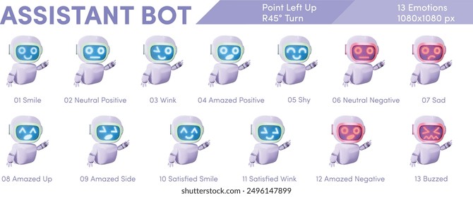 Cute Friendly Assistance Bot - Point Left Hand Up - Right View (45° Turn) - Emotions Range (Smile, Neutral, Wink, Amazed, Shy, Sad, Negative, Amazed, Satisfied, Buzzed)